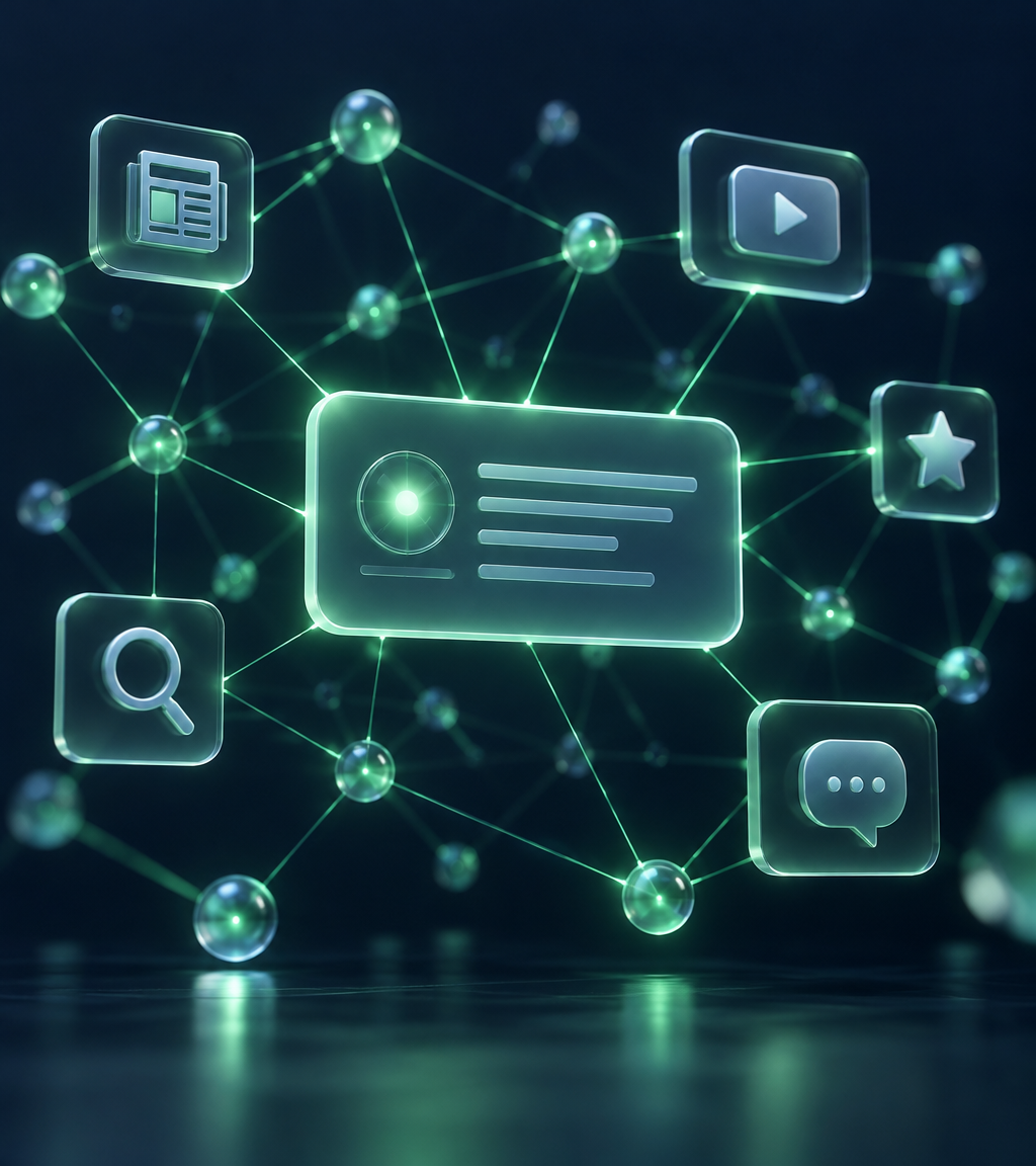 A glowing network of publication, video, review and community sources connected to a central AI answer panel