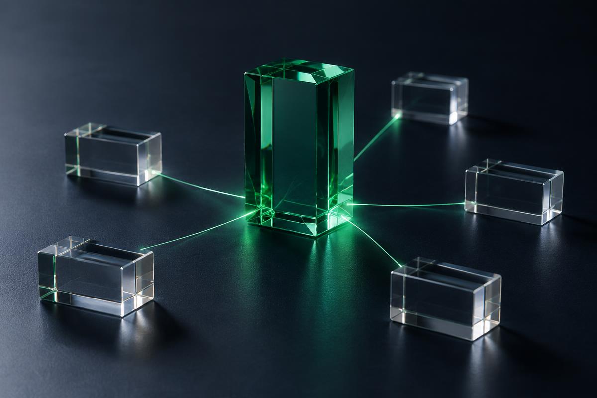 An emerald glass prism connected to five clear glass blocks on a navy surface