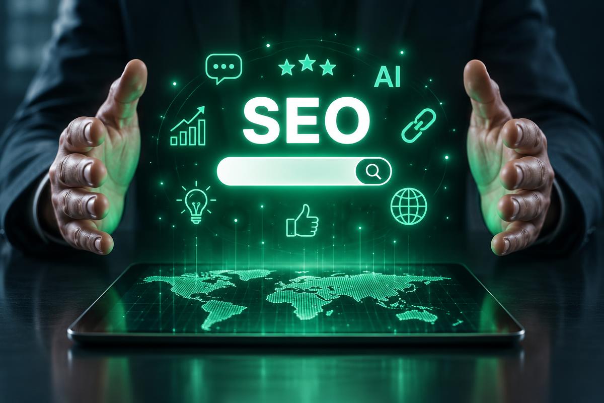 Hands framing an emerald SEO search interface above a tablet